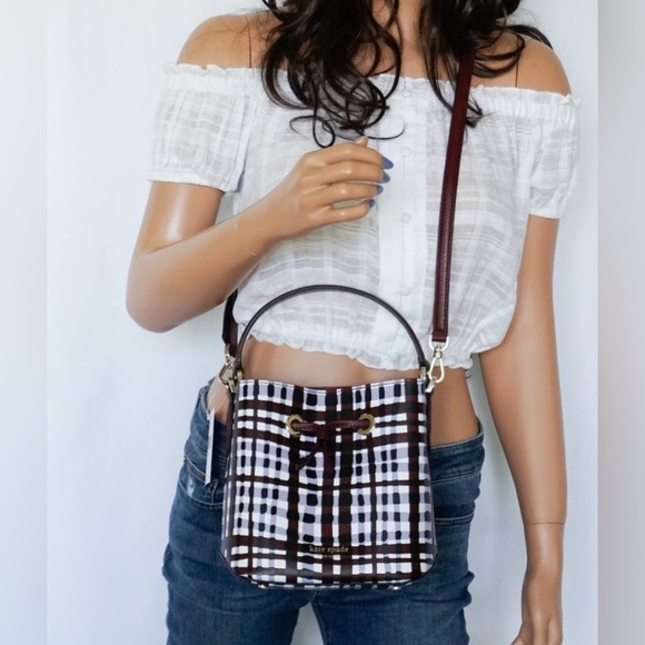 Kate Spade Eva Bucket small crossbody  Bag Purple Multi plaid - Picture 9 of 15